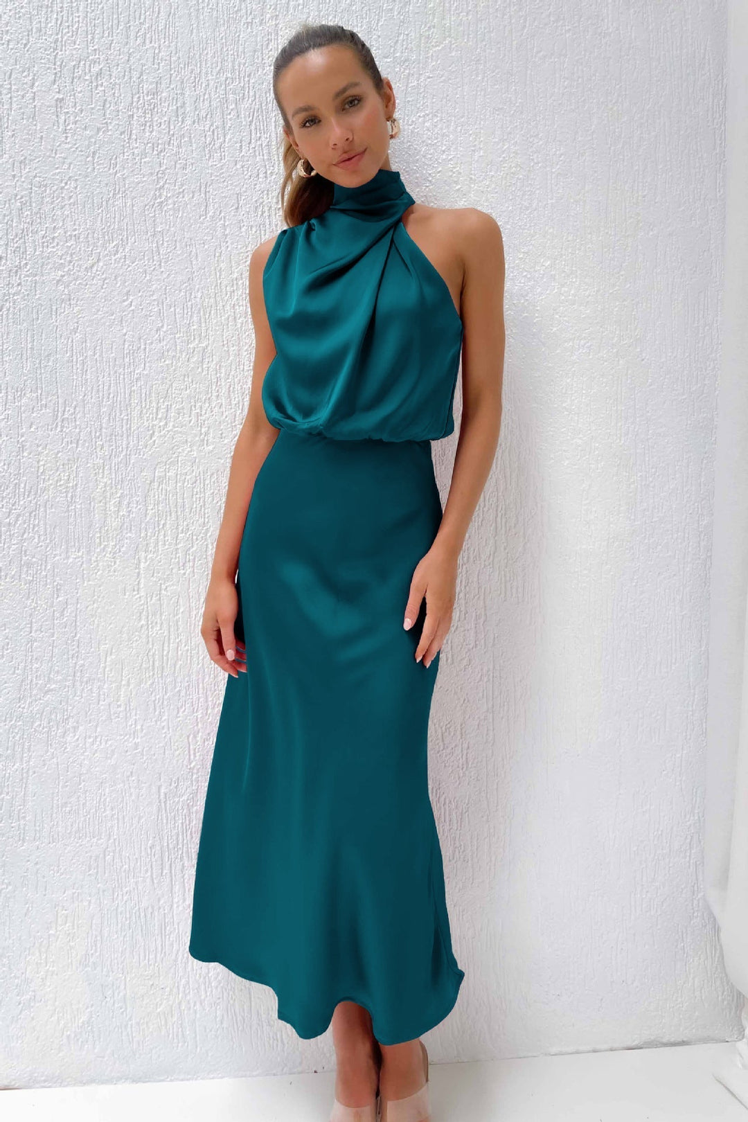 Women’s Elegant Halter Neck Satin Midi Dress