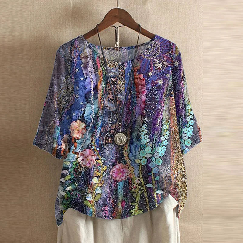 Women’s Retro Floral Blouse | Short Sleeve