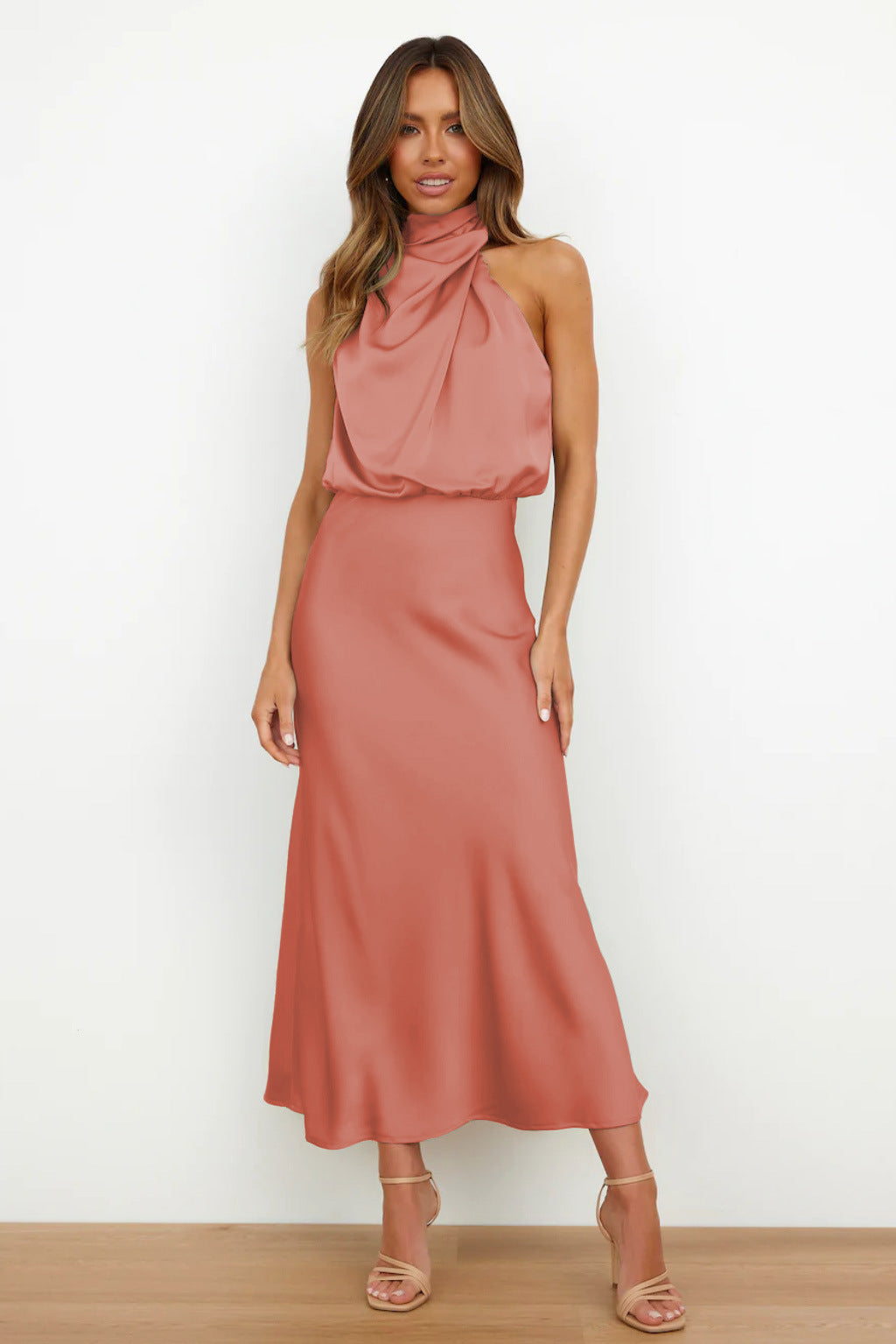 Women’s Elegant Halter Neck Satin Midi Dress