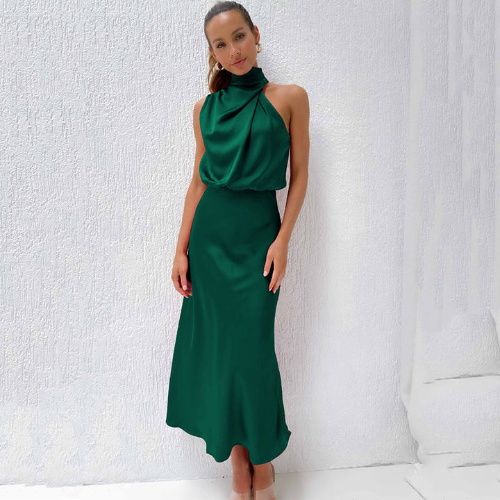 Women’s Elegant Halter Neck Satin Midi Dress