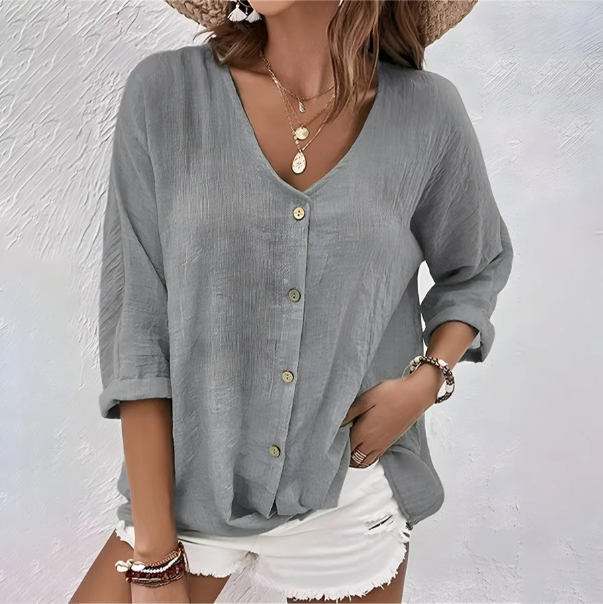 Women’s V Neck Relaxed Button-Up Blouse