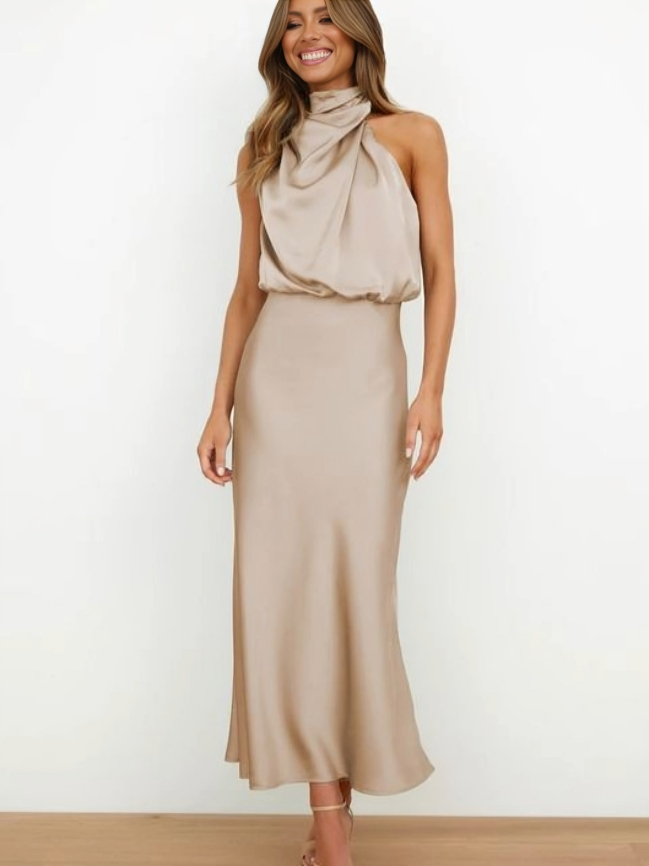 Women’s Elegant Halter Neck Satin Midi Dress