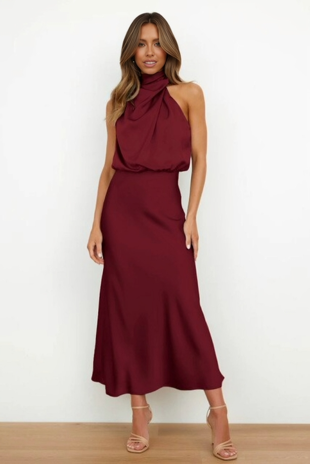 Women’s Elegant Halter Neck Satin Midi Dress