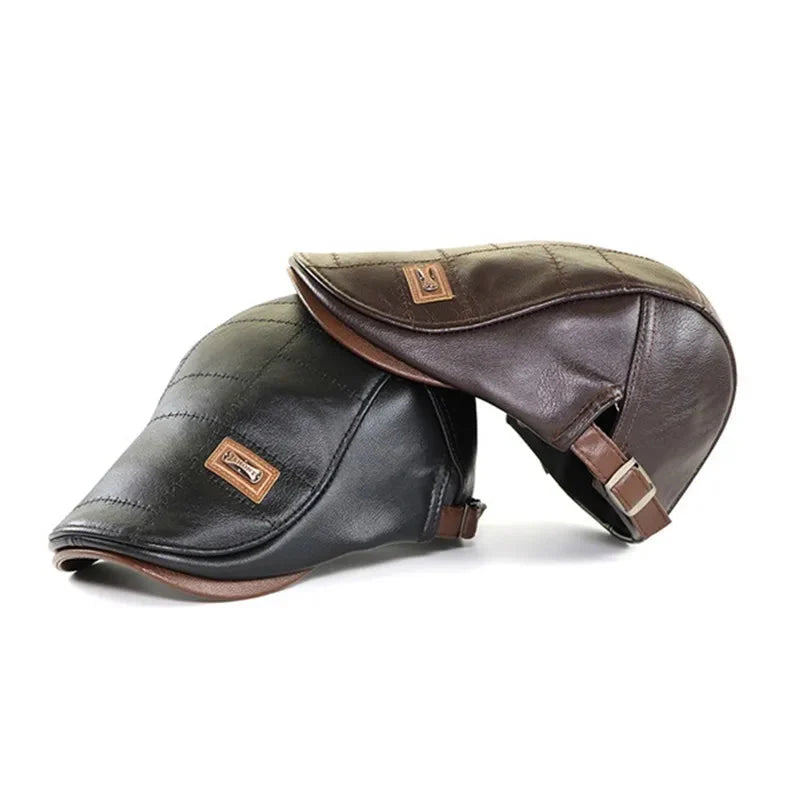 Leather Flat Cap Adjustable Beret