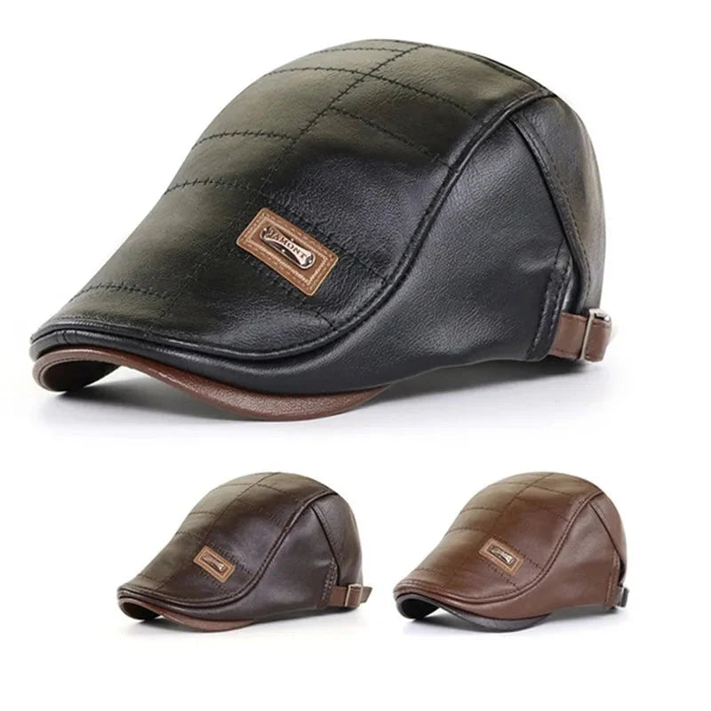 Leather Flat Cap Adjustable Beret