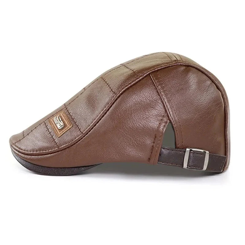 Leather Flat Cap Adjustable Beret