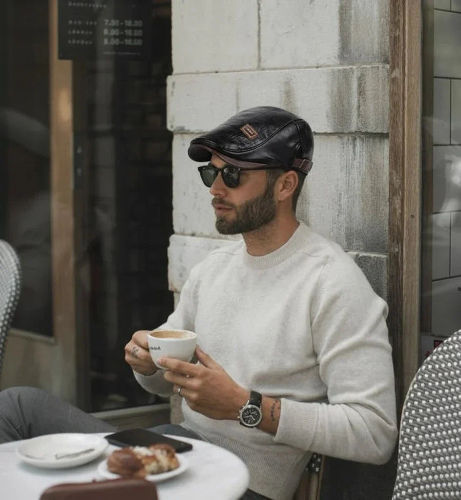 Leather Flat Cap Adjustable Beret