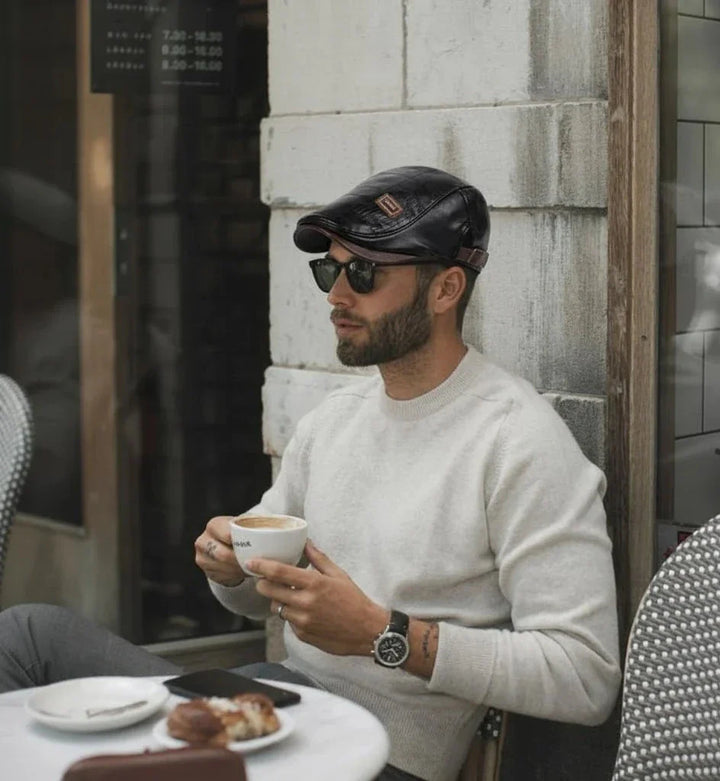 Leather Flat Cap Adjustable Beret