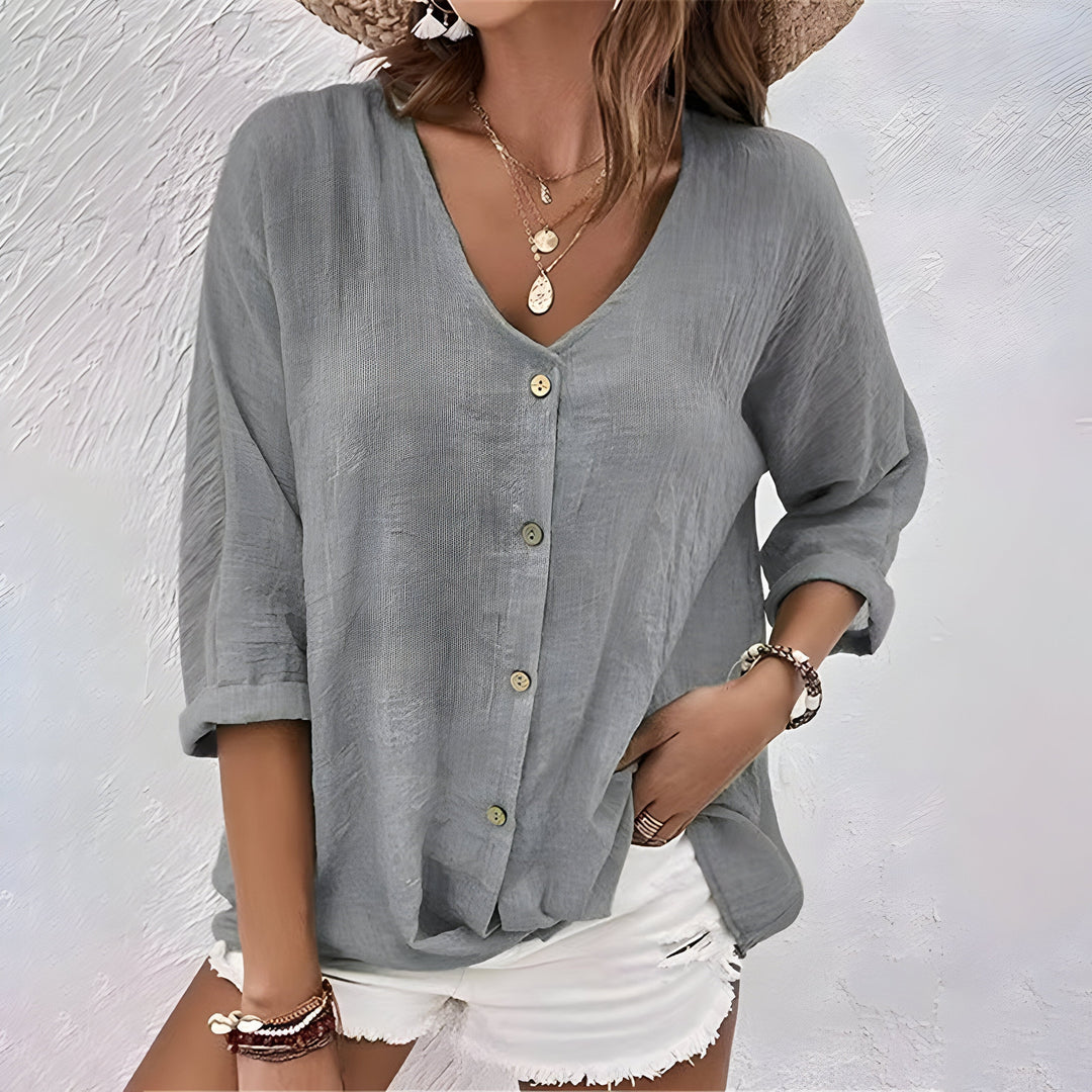 Women’s V Neck Relaxed Button-Up Blouse